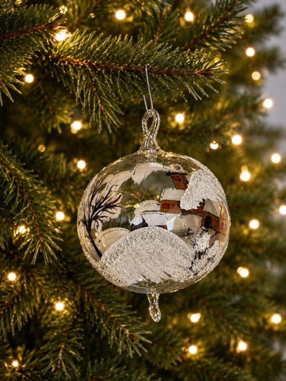 Vintage German Glass Snow Village Ornament Hand Painted Flocked Winter Scene 5"